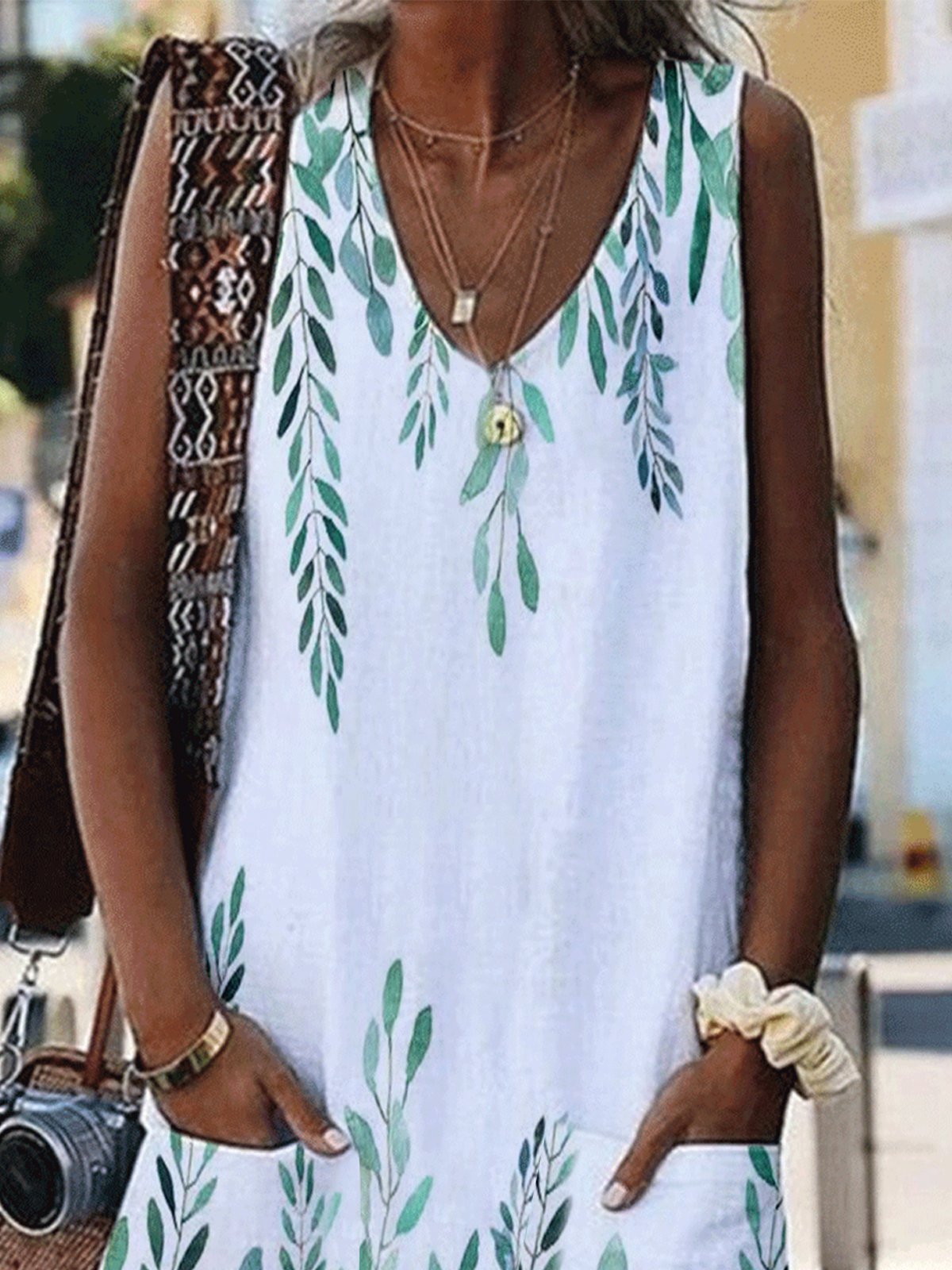 V-Neck Sleeveless Leaf Print Pocket Loose Dress - LuckyFash™