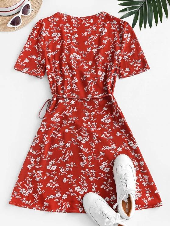 V Neck Tiny Floral Wrap Dress - LuckyFash™
