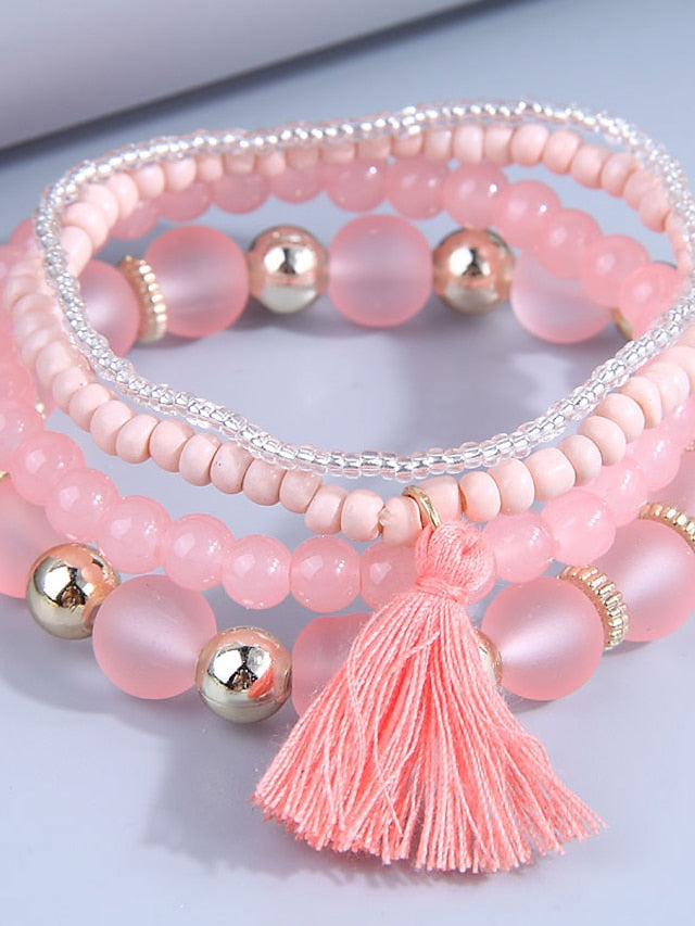 Women's Bead Bracelet Layered Vintage Theme Tassel Holiday Resin Bracelet Jewelry Black / White / Pink For Daily Holiday Date - LuckyFash™