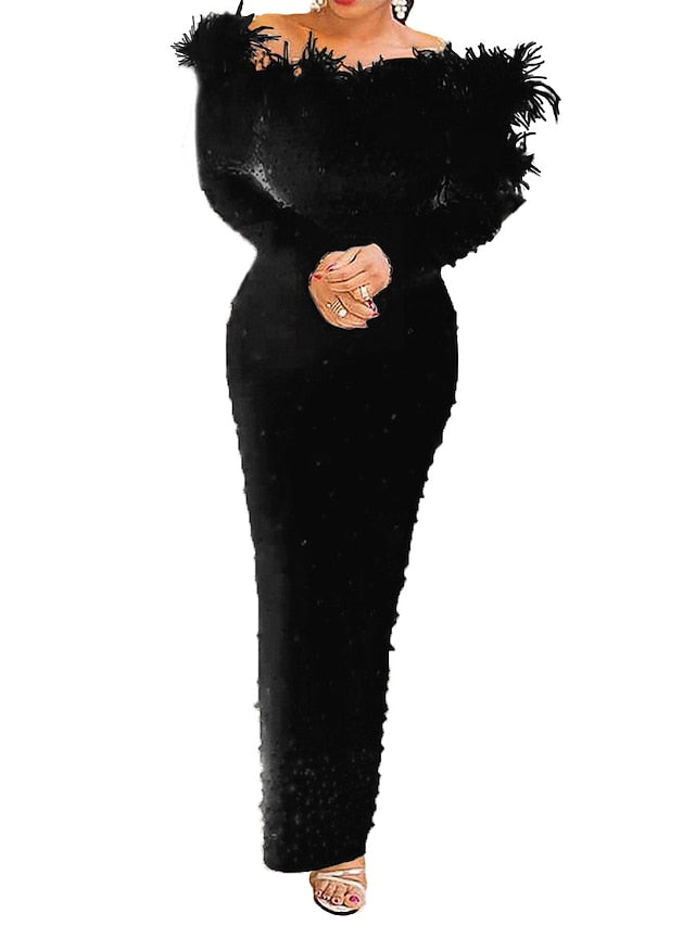 Women‘s Formal Party Dress Feather Dress Long Dress Maxi Dress White Black Long Sleeve Pure Color pearl Winter Fall Off Shoulder Elegant Modern Fall Dress Slim 2023 S M L XL XXL / Winter Dress - LuckyFash™