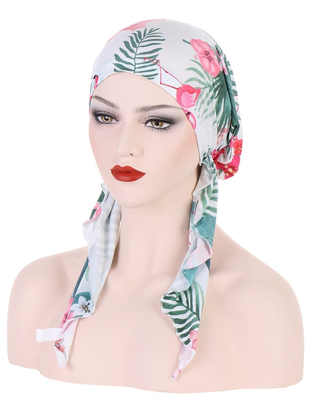 Women Printed Pre-tie Headscarf Elastic Muslim Female Turban Soft Hat Hair Loss Cover Head Wrap Headwear Stretch Bandana - LuckyFash™