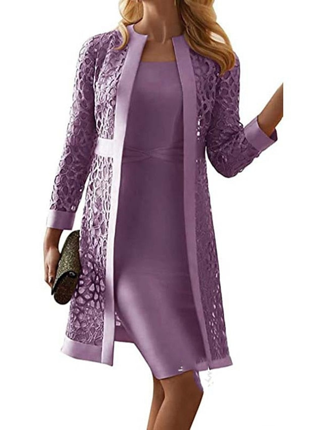 Lace Dress Dress Set Midi Dress Purple Pink Yellow Light Blue Gray Long Sleeve Pure Color Lace Hollow Out Spring Fall Crew Neck Elegant Party Spring Dress  S M L XL XXL 3XL 4XL 5XL for Women - LuckyFash™