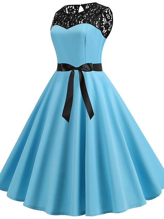 Women's Lace Dress Vintage Dress Swing Dress Midi Dress Light Blue Wine Red Black Sleeveless Print Lace up Summer Spring Fall Crew Neck 1950s Party Spring Dress 2023 S M L XL XXL - LuckyFash™