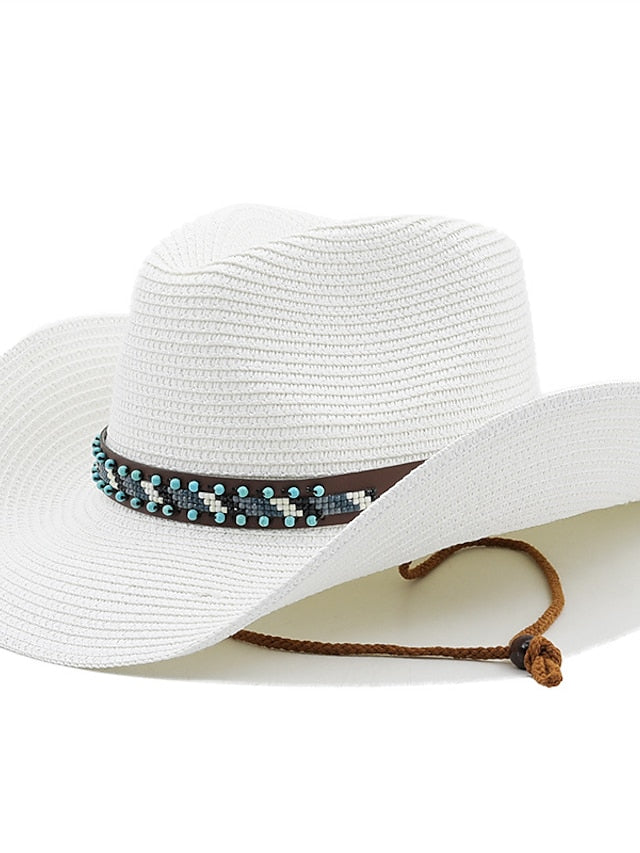 British Wind with Bead Leather Rope Cowgirl Summer Straw Hat for Women Men Western Cowboy Hat Lady Trendy Beach Sun Hat for Women - LuckyFash™