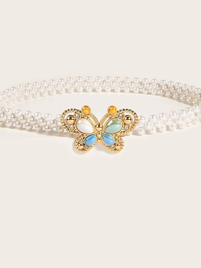 Women's Chain Belt Plastic Buckle Free Bead Pearl Decor Classic Wedding Party Ceramic Butterfly Buckle Pearl Belt - LuckyFash™