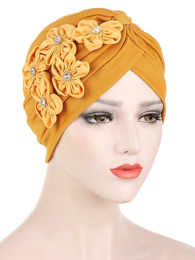 Elegant Women Five Flowers Turban Caps Muslim Elastic Crystal Party Headscarf Bonnet Ladies Hair Accessories Indian Cap - LuckyFash™
