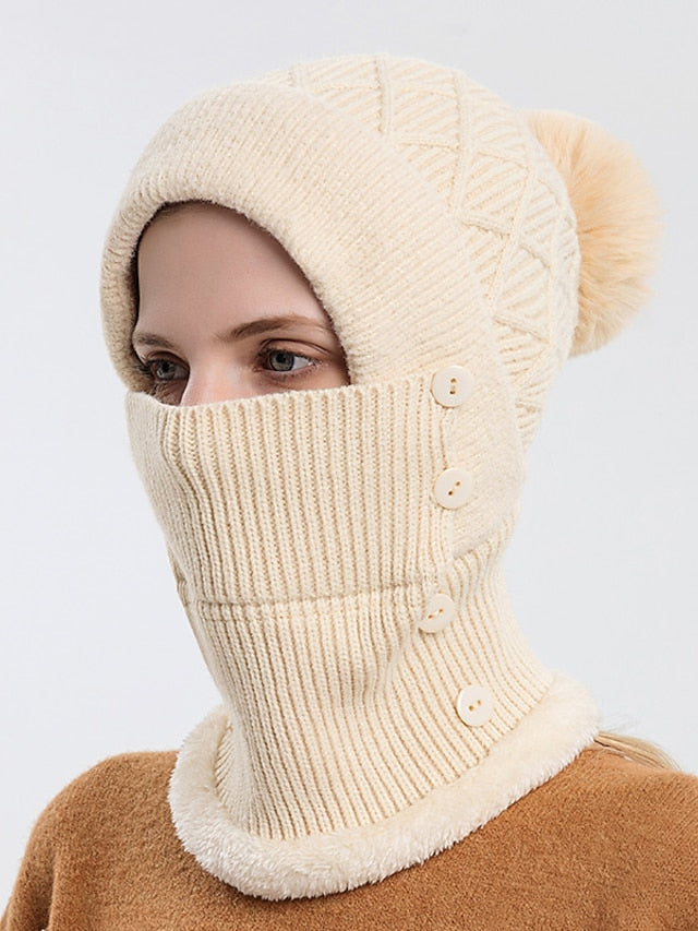 Winter Hats For Women Soft One-Piece Warm Mask Knitted Hat Thickened Lining Warm Beanies Female Cycling Cap - LuckyFash™