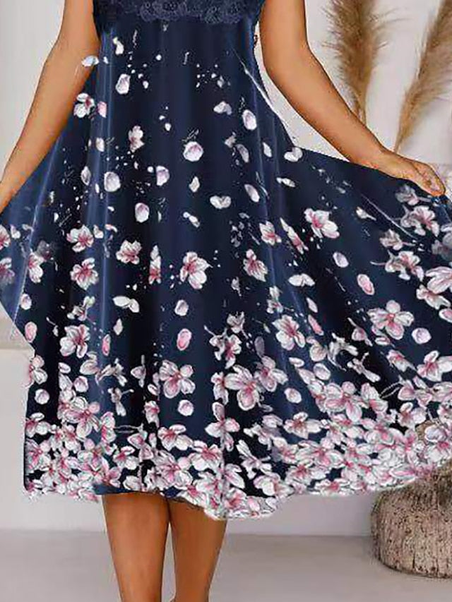 Women‘s A Line Dress Midi Dress Navy Blue Short Sleeve Floral Print Spring Summer Crew Neck Elegant Modern 2023 3XL - LuckyFash™