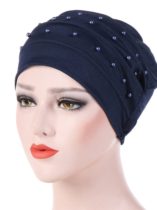 Muslim Women Turban Scarf Beaded Turban Hat Solid Color Beanies Cap Islamic Wrap Headscarf Musulman Femme Hijab Hair Care Accessories - LuckyFash™