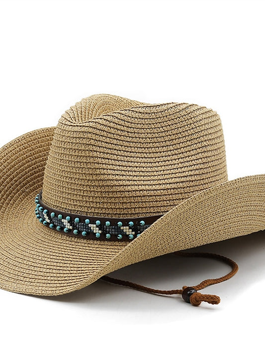 British Wind with Bead Leather Rope Cowgirl Summer Straw Hat for Women Men Western Cowboy Hat Lady Trendy Beach Sun Hat for Women - LuckyFash™