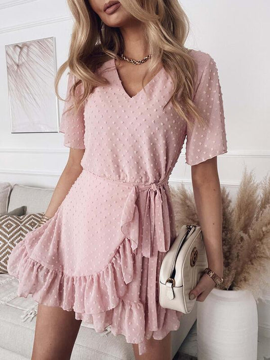 Waist V-neck Short Sleeve Solid Color Dress - LuckyFash™