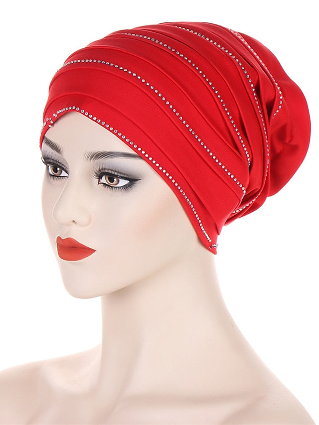 Rhinestones Women's Pleated Turban Cap African Hat Muslim Headscarf Bonnet Ladies Head Wraps - LuckyFash™