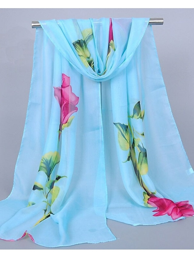 Women's Chiffon Scarf Wedding Black Scarf Floral Pink Fall Spring Print Polyester - LuckyFash™