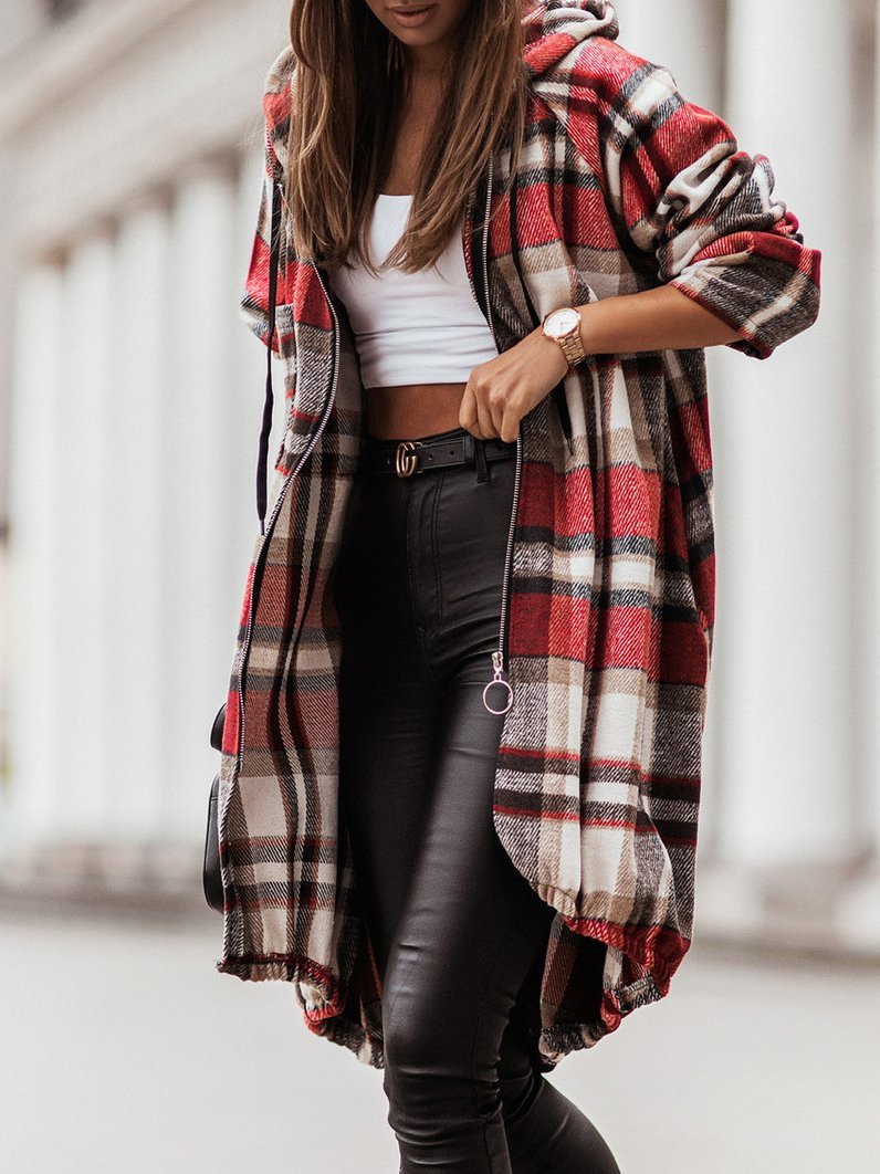 Coats Zip Check Shirt Mid-Length Hooded Coat - LuckyFash™