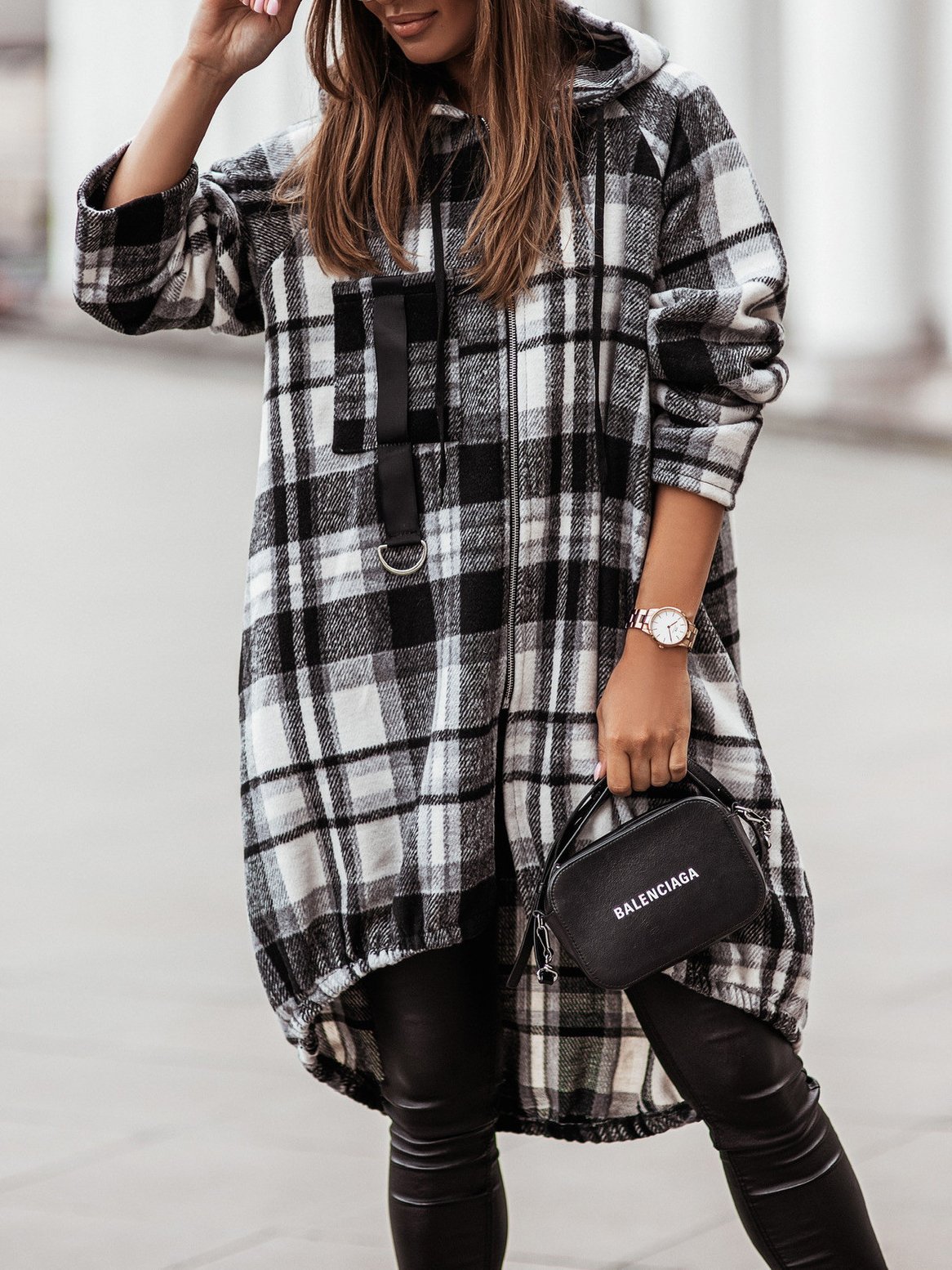 Coats Zip Check Shirt Mid-Length Hooded Coat - LuckyFash™