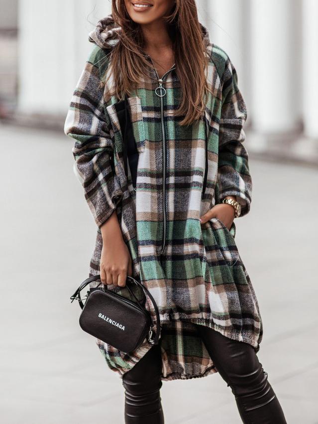 Coats Zip Check Shirt Mid-Length Hooded Coat - LuckyFash™