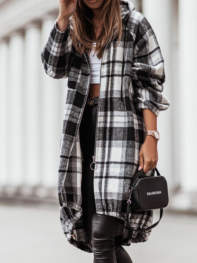 Coats Zip Check Shirt Mid-Length Hooded Coat - LuckyFash™