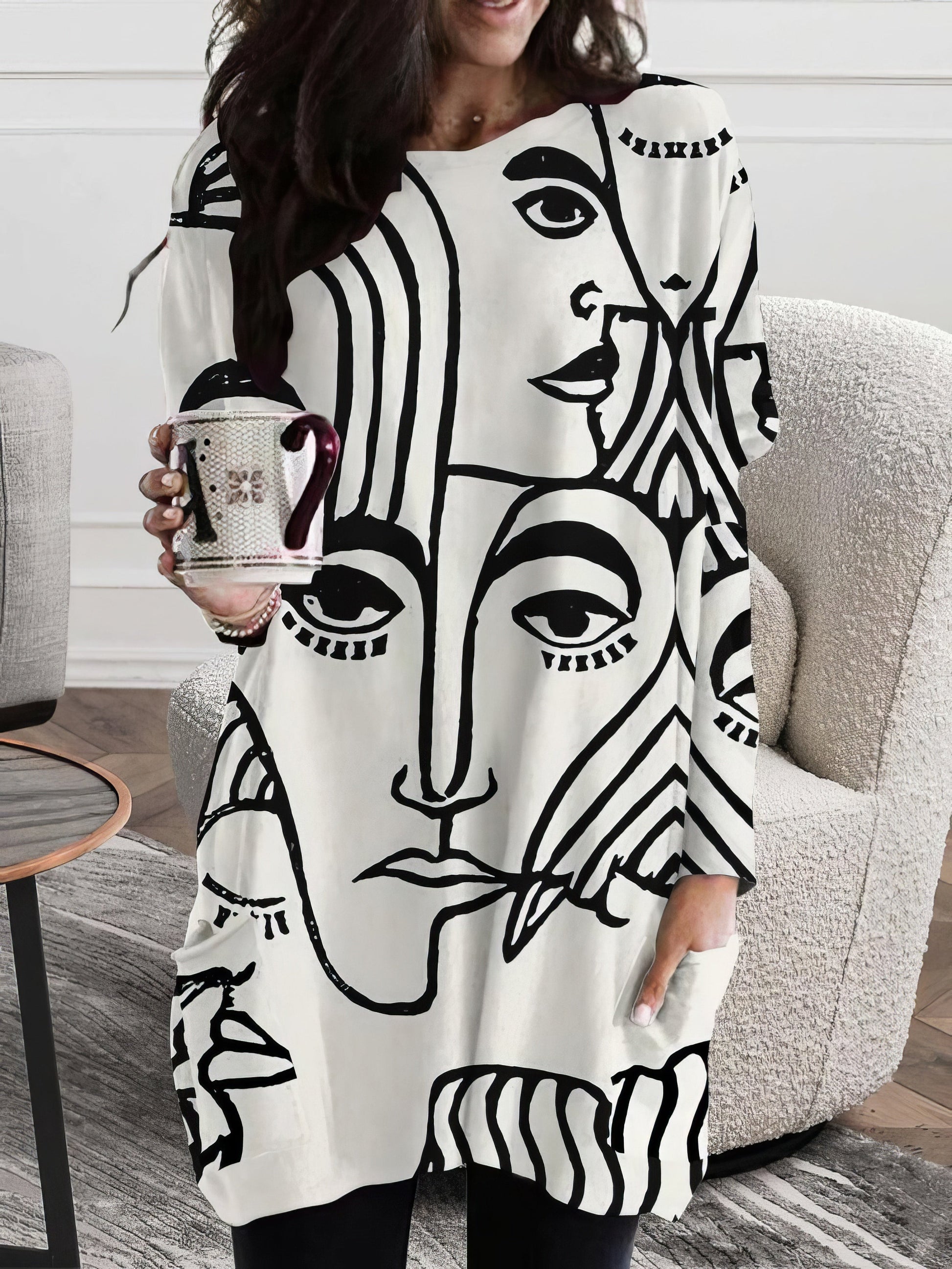 Dresses Abstract Face Print Round Neck Pocket Long Sleeve Dress - LuckyFash™