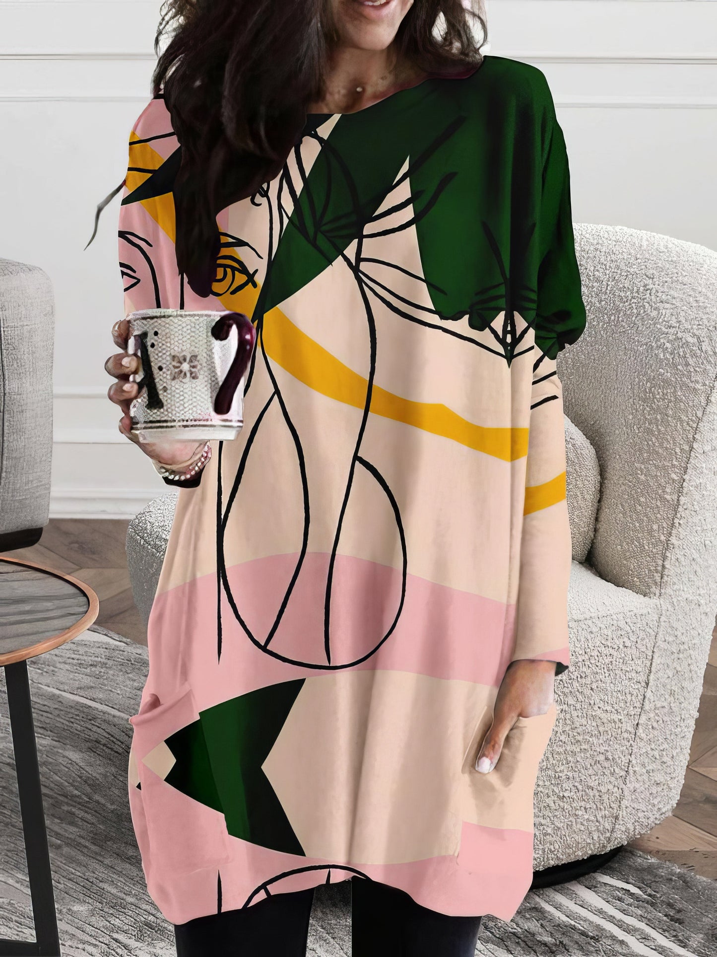 Dresses Abstract Face Print Round Neck Pocket Long Sleeve Dress - LuckyFash™