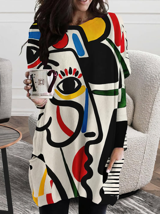 Dresses Abstract Face Print Round Neck Pocket Long Sleeve Dress - LuckyFash™