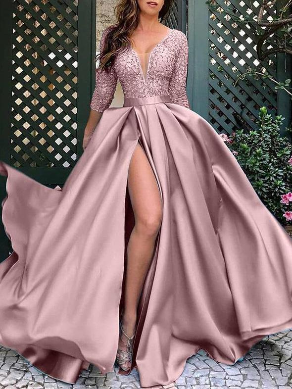 Dresses Bronzing V-Neck Banquet Slit Evening Dress - LuckyFash™