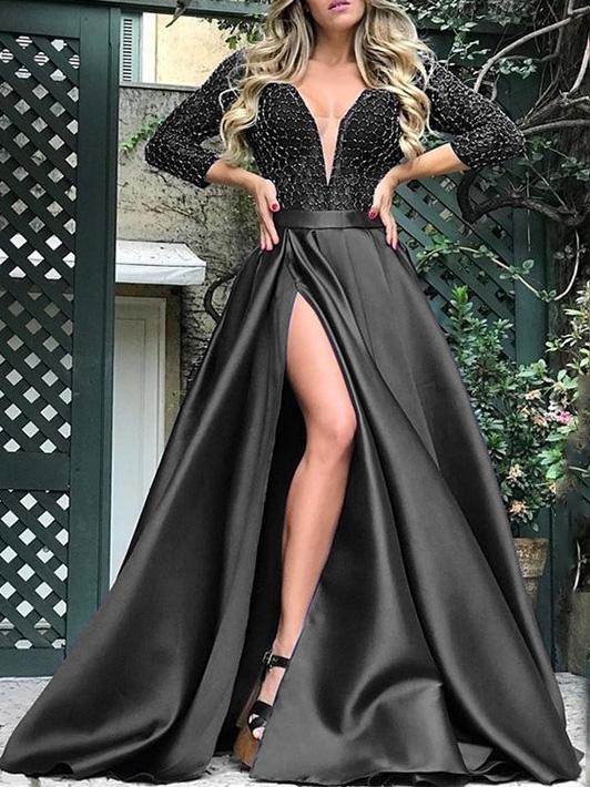 Dresses Bronzing V-Neck Banquet Slit Evening Dress - LuckyFash™