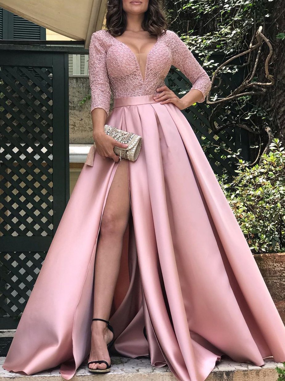 Dresses Bronzing V-Neck Banquet Slit Evening Dress - LuckyFash™