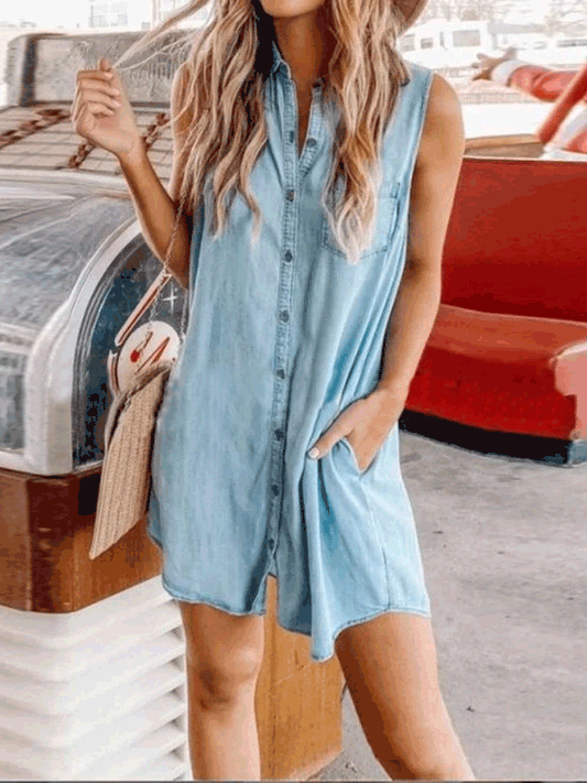 Dresses Button Pocket Sleeveless Shirt Denim Dress - LuckyFash™