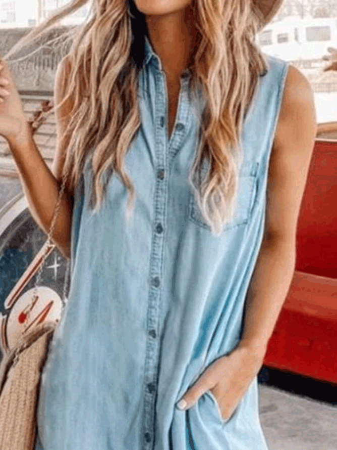 Dresses Button Pocket Sleeveless Shirt Denim Dress - LuckyFash™