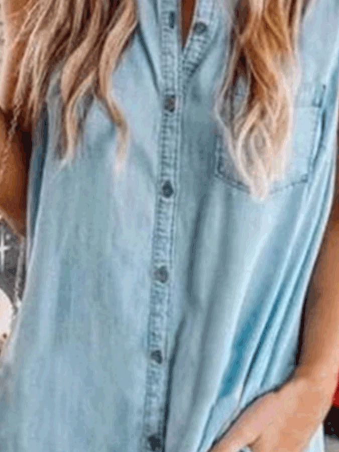 Dresses Button Pocket Sleeveless Shirt Denim Dress - LuckyFash™