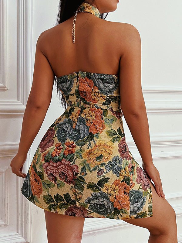 Dresses Chain Halter Vintage Print Slit Dress - LuckyFash™