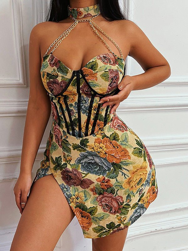 Dresses Chain Halter Vintage Print Slit Dress - LuckyFash™