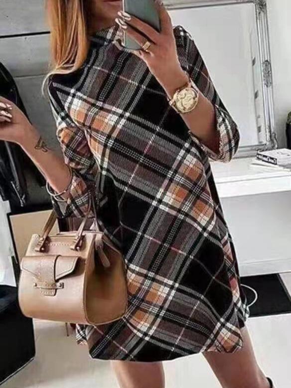 Dresses Check Print Long Sleeve Mini Dress - LuckyFash™