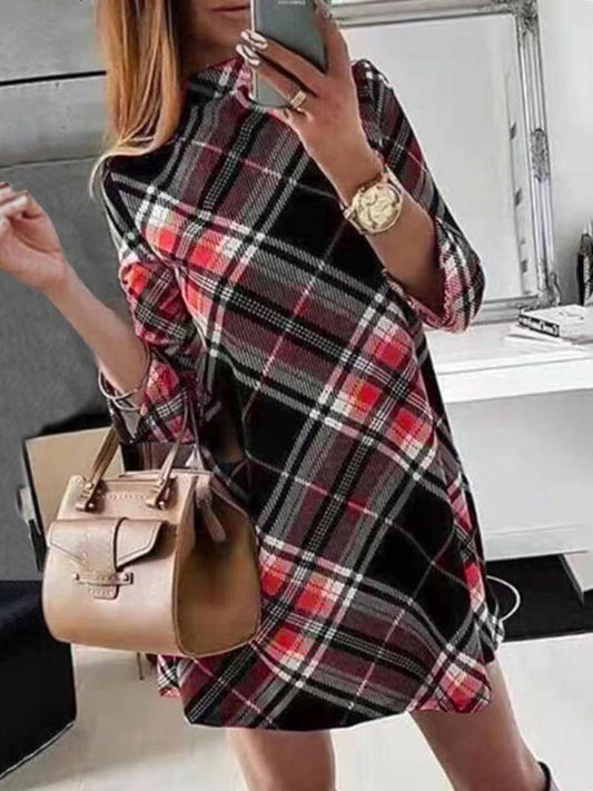 Dresses Check Print Long Sleeve Mini Dress - LuckyFash™