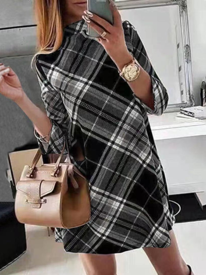 Dresses Check Print Long Sleeve Mini Dress - LuckyFash™