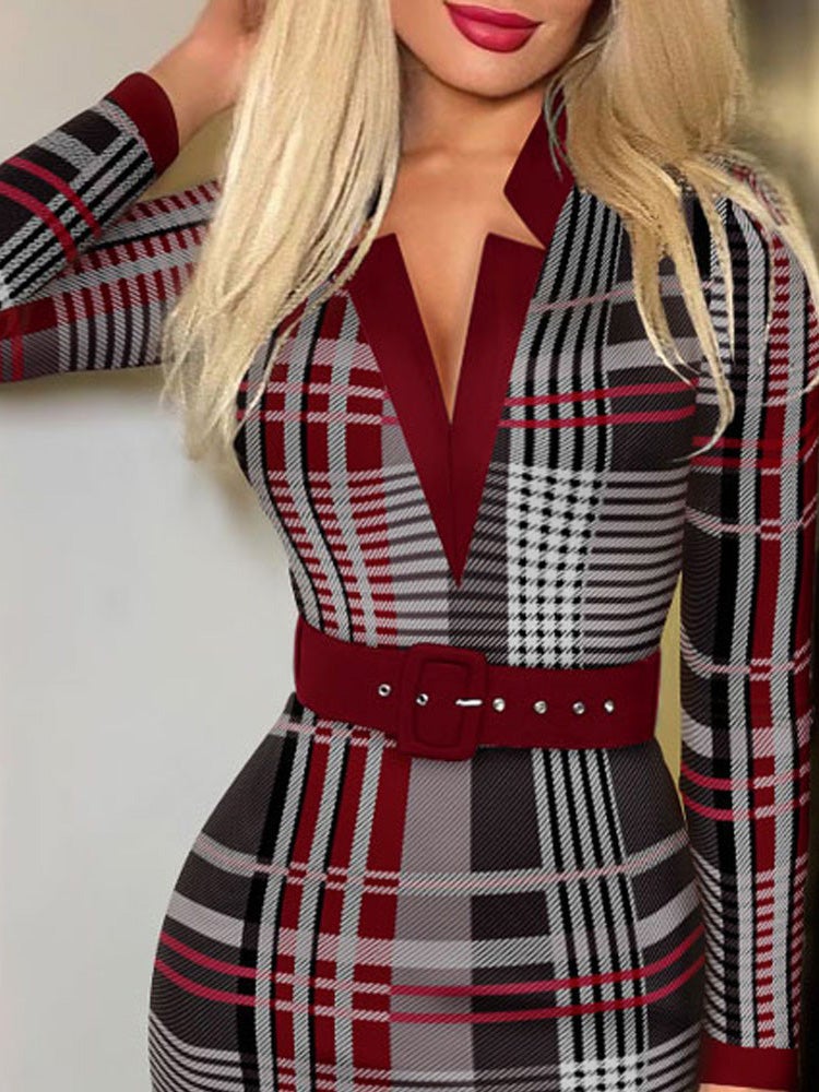 Dresses Check Printed V-Neck Belt Long Sleeve Dress - LuckyFash™