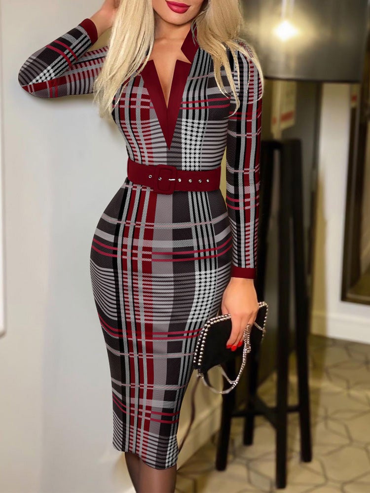 Dresses Check Printed V-Neck Belt Long Sleeve Dress - LuckyFash™