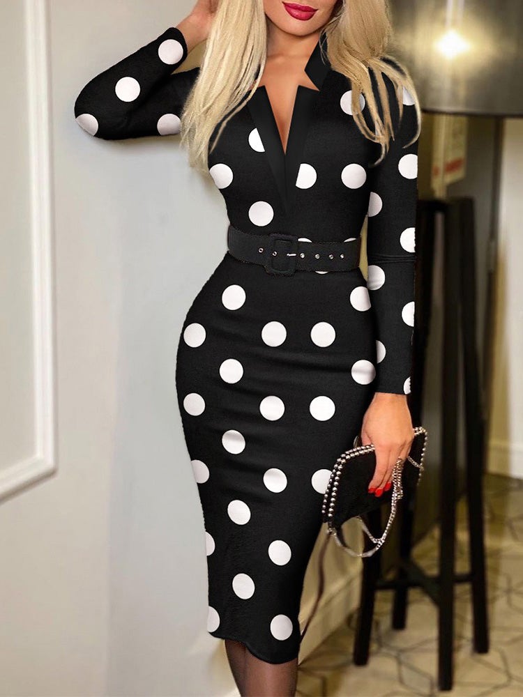 Dresses Check Printed V-Neck Belt Long Sleeve Dress - LuckyFash™