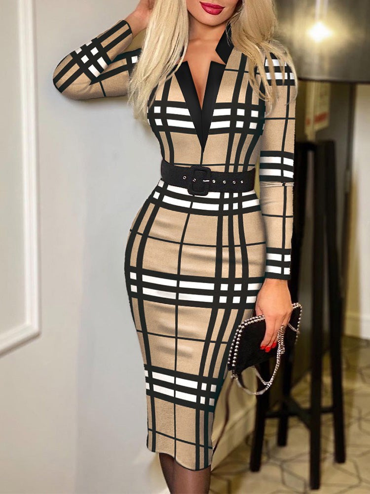 Dresses Check Printed V-Neck Belt Long Sleeve Dress - LuckyFash™