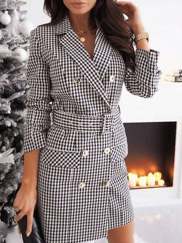 Dresses Checked Belt Long Sleeve Suit Dress - LuckyFash™
