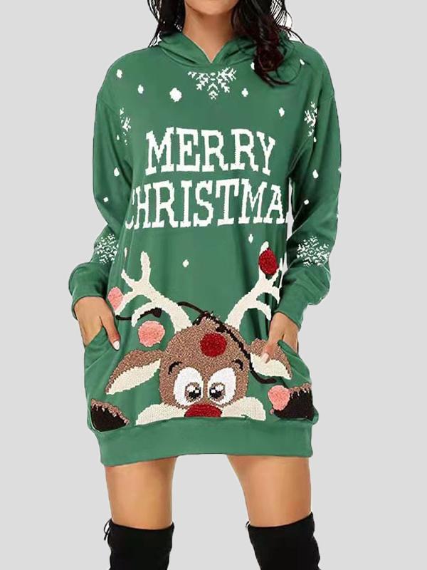 Dresses Christmas Print Pocket Long Sleeve Hooded Dress - LuckyFash™