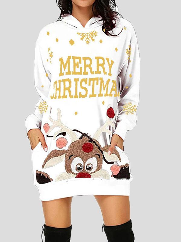 Dresses Christmas Print Pocket Long Sleeve Hooded Dress - LuckyFash™