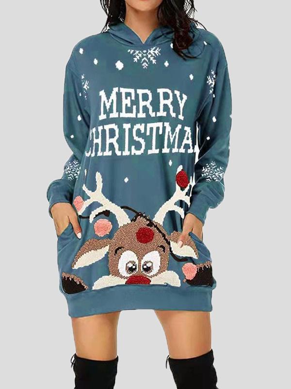 Dresses Christmas Print Pocket Long Sleeve Hooded Dress - LuckyFash™