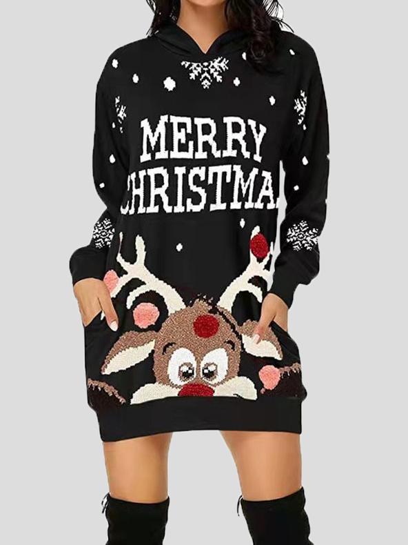 Dresses Christmas Print Pocket Long Sleeve Hooded Dress - LuckyFash™