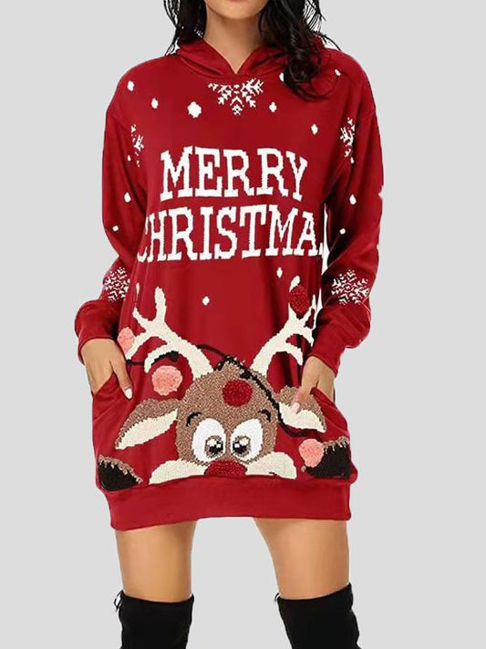 Dresses Christmas Print Pocket Long Sleeve Hooded Dress - LuckyFash™