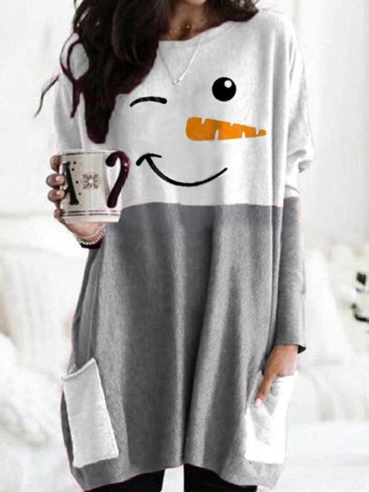 Dresses Christmas Snowman Print Pocket Long Sleeve Dress - LuckyFash™