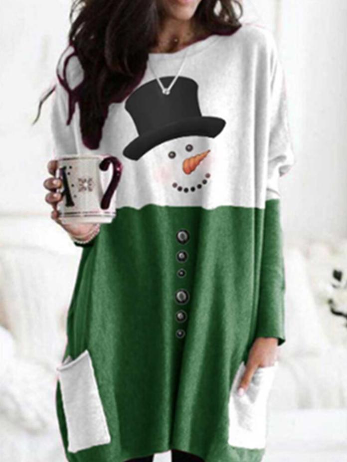 Dresses Christmas Snowman Print Pocket Long Sleeve Dress - LuckyFash™