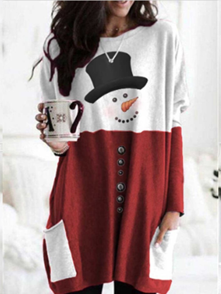 Dresses Christmas Snowman Print Pocket Long Sleeve Dress - LuckyFash™
