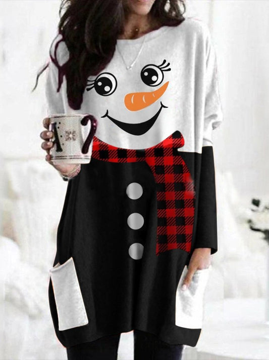 Dresses Christmas Snowman Print Pocket Long Sleeve Dress - LuckyFash™