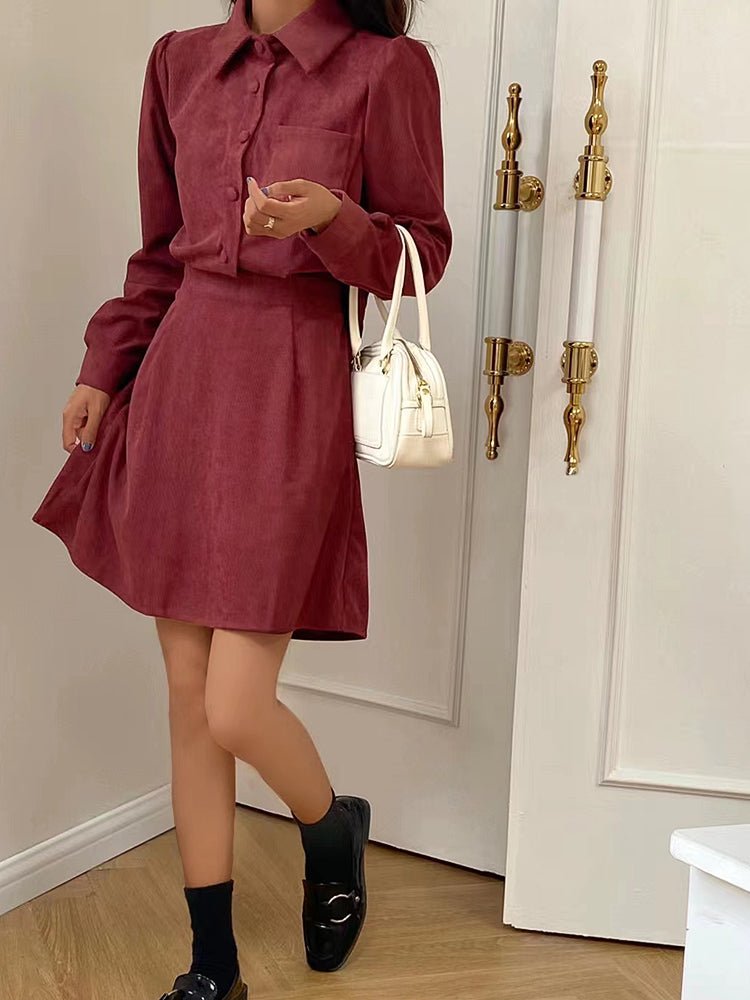 Dresses Corduroy Long Sleeve Collar Button Mini Dress - LuckyFash™